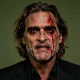 joaquin phoenix with a crazed look and blood dripping from his face