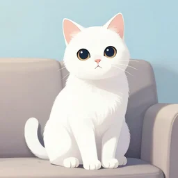 A white anthropomorphic cat sitting on a couch, soft lighting, light blue background, digital art, r/furry