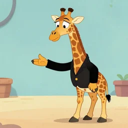 Giraffe in a black suit, dismissing a case in the courtyard, 90s cartoon