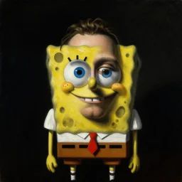 refined gorgeous blended oil painting with black background by christian rex van minnen rachel ruysch dali todd schorr of a chiaroscuro portrait of spongebob squarepants dutch golden age vanitas intense chiaroscuro cast shadows obscuring features dramatic lighting perfect symmetry perfect composition masterpiece
