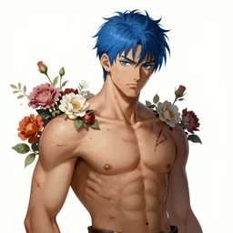 portrait of beautiful young man, warhammer, japanic style, cyberpunk, a lot of scars, more and more flowers, blue head, the middle ages, highly detailed, artstation, illustration, art by jean delville, 8 k quality, art by leon gerome, greg gandy