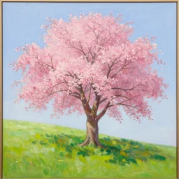 a beautiful painting of a tree with pink flowers on a green hill by greg rutkowski and thomas kinkade, trending onartstation