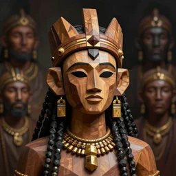 portrait lemurian priestess with simple wooden geometric headdress and mask, low poly, boho style, gold and black wood jewelry, concept art, by boris vallejo, deak ferrand, and greg rutkowski and rhads