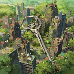 a wholesome animation key shot of a post apocalyptic city urban landscape seen from above, covered by nature hipster vibes by studio ghibli, animation, sharp, rendered in unreal engine 5, focused, anime key art by greg rutkowski, bloom, dramatic lighting
