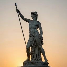 Sculpture of a female warrior with a spear in action pose, flying hair, sunset lighting, backlit, by michelangelo, photography, Sony A7III, 85mm f1.8