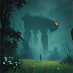 grainy risograph matte painting, gigantic huge evangelion - like mecha, black, a lot of exotic vegetation, trees, flowers, tall grass, pastel matte colors, staying in the foggy huge dark night forest covered with web and cotton and a lot of glow - worms, by moebius, chesley bonestell and tim white, hyperrealism