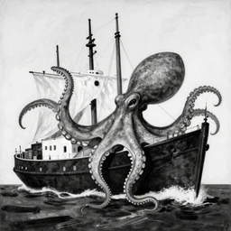 a black and white photo of an octopus attacking a ship, a matte painting by yves tanguy, cgsociety, modern european ink painting, matte painting, lovecraftian, matte drawing