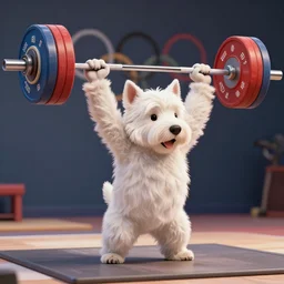 an anthropomorphic man - like west highland white terrier weight lifting weightlifting barbell up, over it's head, in olympic olympic weightlifting, ultra detailed, 3 d rendering, photo realistic, concept art, 4 k, artstation, cgsociety