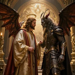 jesus and satan, fairy tale, stunning, surrounding cinematic light, hyper detailed, ornate and intricate, 4 k cinematic octane render