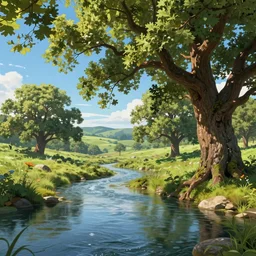 beautiful landscape with river and oak trees, mythology, fantasy, landscape background, vivid colors, digital painting, very detailed, realistic, high quality, by claude lorrain