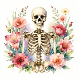 skeleton surrounded by flowers, watercolor