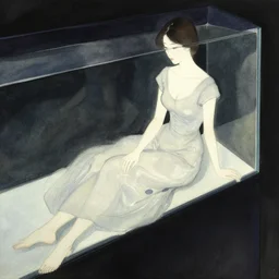 kirchner, impressionist watercolor strokes, gifford beal, high - angle dramatic portrait of a lady in a dress sitting in dimly lit aquarium by bruce pennington and yoshitaka amano, black background, minimalist japanese watercolor, fine art america