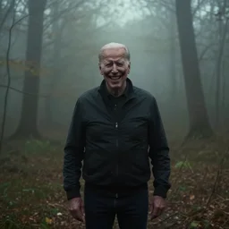 low quality iphone photo of joe biden standing ominously deep in the foggy woods with a demonic smile in his face, low visibility creepy, grainy, trail cam footage