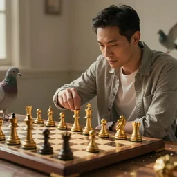 playing chess with pigeon, hyperrealistic, volumetric golden dappled dynamic lighting, highly detailed, sharp focus, by victo ngai, artgerm
