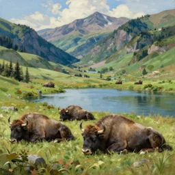 gorgeous painting of bisons sleeping by a lake in a lush valley, painted by n. c. wyeth, very detailed, 8 k high quality