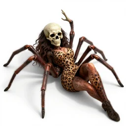 Skull that look too much like skull!, crypt lurker!!, tormod’s crypt!!!, 8k CG character rendering of a spider-like hunting female on its back, fangs extended, wearing a leopard-patterned dress, set against a white background, with textured hair and skin.