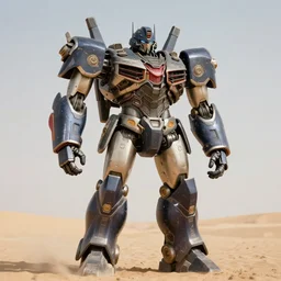 photograph of a man in a very oversized mech armor that is 3 0 feet tall and 1 0 feet wide. his head is very small sticking out of the armor. desert setting. high detail.