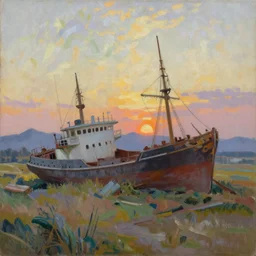 Painting of a wrecked ship in the middle of the fields, mountains and a sunset in the background, impressionism painting