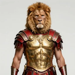 scarred experienced lion army general with red and gold roman armor and armor skirt, fursona, anthro, anime key visual, detailed armor, detailed fur, makoto shinkai, portrait