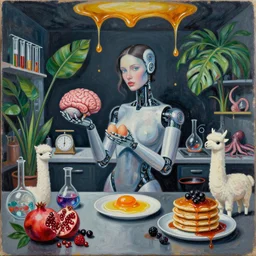 dark kitchen of an art student, sensual portrait of a female transhuman robot holding a brain, raw eggs, japanese pottery, scales, tropical houseplants, test tubes, honey dripping from ceiling, berries dripping juice, pancakes, pomegranate, berries, alpaca sculpture, octopus, scientific glassware, neo - expressionism, surrealism, acrylic and spray paint and oilstick on canvas