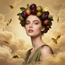 epic portrait of beautiful female face supermodel portrait wearing olive dress and dates fruid crown fruit and golden tea leaves flying in sky by amy leibowitz, wlop, jeremy lipkin, beeple, intricate, artgerm, ilya kuvshinov, golden clouds background