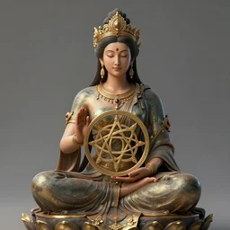 in the style of hyper-realism, digital art, concept render, artstation. A goddess holds a sri yantra symbol