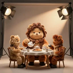 A photograph of The Gigachad having a tea party, studio quality, studio lighting, studio backdrop