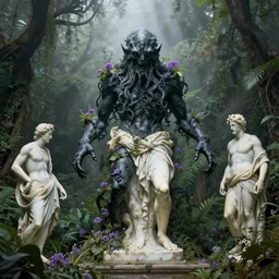 a classical greek marble statue of an eldritch cthulhu in a lush dense verdant garden by albert bierstadt and mark arian and ferdinand knab and gil elvgren, horror, lovecraftian, mist, hyperrealism, volumetric lighting, god rays, ultrafine details, sfumato, purple flowers, overgrown, black marble statue