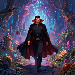 Dracula traveling through a beautiful DMT multiverse, art by Greg Rutkowski, stylized, post-processing, fantasy, masterpiece, vivid colors, trending on artstation