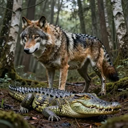 chimera made of a wolf and a crocodile, awarded on pixiv, trending on deviantart, headshot, realistic birch wood swamp, professional photoshop utilizing real life photos