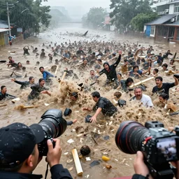 a bird's view of a catastrophic flood with hundreds of screaming people being swept away crashing into dense floating debris, reporter, live footage, 3 5 mm lens, rainy day, droplets on lens, shaky feeling, distress