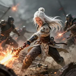 dragon age character wynne, 5 0 years old, white long hair in bun, gritting teeth, holding magical staff, shooting magic, middle of battle, battle damage, fighting, full body, epic, d and d, cinematic, dynamic lighting, concept art, rich color, bioware, by greg rutkowski