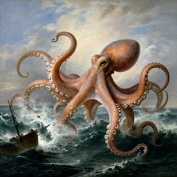 giant octopus with gigantic tentacles dancing above the waves of an angry ocean and attacking a frigate, by jmw turner