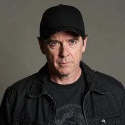 Bruce Campbell as Ash from Evil Dead, with a black baseball cap