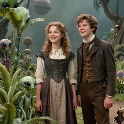 detailed, sharp, a girl and a boy standing next to some alien plants, looking happy, wearing 1850s era clothes, their small pet alien creature is standing nearby, in a park on an alien planet, steampunk, extremely highly detailed, hyperrealistic, in focus faces, detailed faces, 70 mm film still from a period sci fi movie, 8k, HD