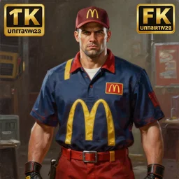 an oil painting of the terminator wearing a mcdonald worker outfit, by artgerm, hd, hdr, ue 5, ue 6, unreal engine 5, realistic anime 3 d style, cinematic 4 k wallpaper, 8 k, ultra detailed, gta cover art, high resolution, artstation, award winning