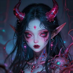 closeup of an adorable cyber demoness, cute, eldritch woman abomination of unimaginable horror by alex grey and junji ito, speculative evolution, psychedelic illustration