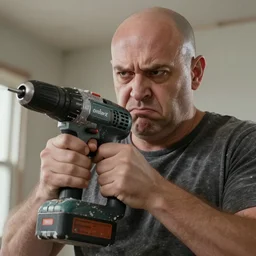 grumpy chunky bald dad power drill! as hands, home renovation, hyperrealistic digital art masterpiece, highly detailed neo pop surrealism, jason limon kay sage hannah yata, dramatic lighting, low angle, uhd 8 k, sharp focus