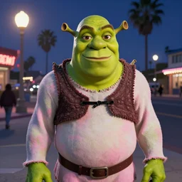 Shrek as Pink Guy, dressed as Pink Guy, in a Pink Guy Costume, on the streets, sun shining, fish lens, nostalgic, realistic, 4k resolution, detailed face, 4k, 8k, 8k resolution, 8k resolution face, hyperrealistic, cool, on the boardwalk of a beach in L.A, mid 2000s, at night, nighttime, dark