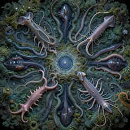 the omni, hatchlings, interwoven lush layered gelatinosis, onscientia, phantastica, aliena, nudibranch, squidworm in symbiosi crusta, uspaceship nocturno pellucens, cerebri, mollis, exesa, artificia, vortices micro water,, fluida, by peter mohrbacher