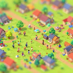 cartoon like video game village, colourful, citizens, tilt shift by tyler edlin