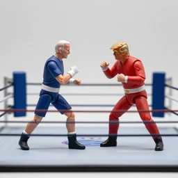 joe biden and donald trump action figures fighting in a boxing ring