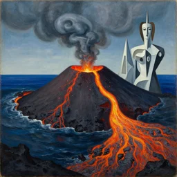 vulcano, lava, ocean, surreal by dan mumford and umberto boccioni, oil on canvas