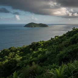 a vast ocean scene with a small island in the distance. the island is lush and green