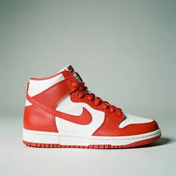 a studio photoshoot of new Nike high top sneaker with red white wave stripes, designed by Virgil Abloh, leather and suede, Off-White, realistic, color film photography by Tlyer Mitchell, 35 mm, graflex