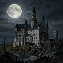 gothic castle of dracula on top of a wavy hill, full moon, hyper realistic painting, intricate, by tony wolf