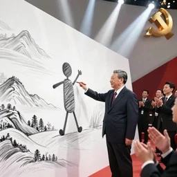 xi jinping shows drawing of stick figure amid applauding party members