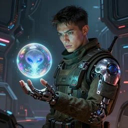 portrait sci-fi art by Greg Rutkowski and Ruan Jia and artgerm, a glowing alien bubble floating above the hand of a soldier, futuristic environment, detailed and intricate environment, biomech, cyberpunk, neon color, chrome, dramatic lighting, cinematic, high technology, highly detailed portrait, digital painting, artstation, concept art, smooth, sharp focus, ilustration, Artstation HQ