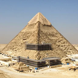 an aerial photograph of the great pyramid of giza at the early stages of construction with heavy scaffolding in place, the top of the pyramid has not been built and is not visible, dslr