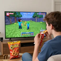 a teen eating Cheetos and watching a Minecraft gameplay video on a 4k television, real photograph shot on GoPro hero 8